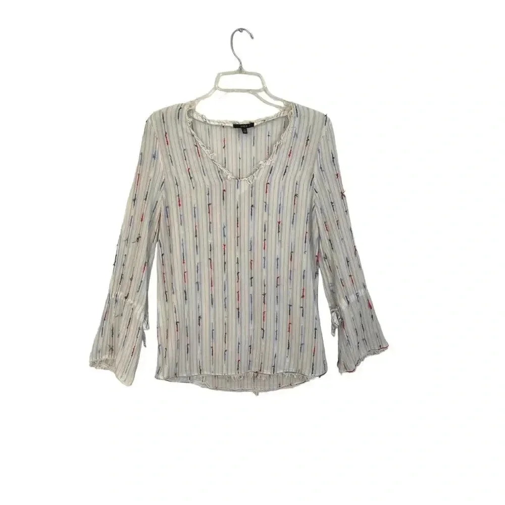Anthropologie Drew Long Sleeve Boho Stripe Top Fringe‎ Hem V-Neck Size S